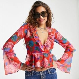 Topshop crinkle chiffon ruffle wrap printed blouse in red Size 8